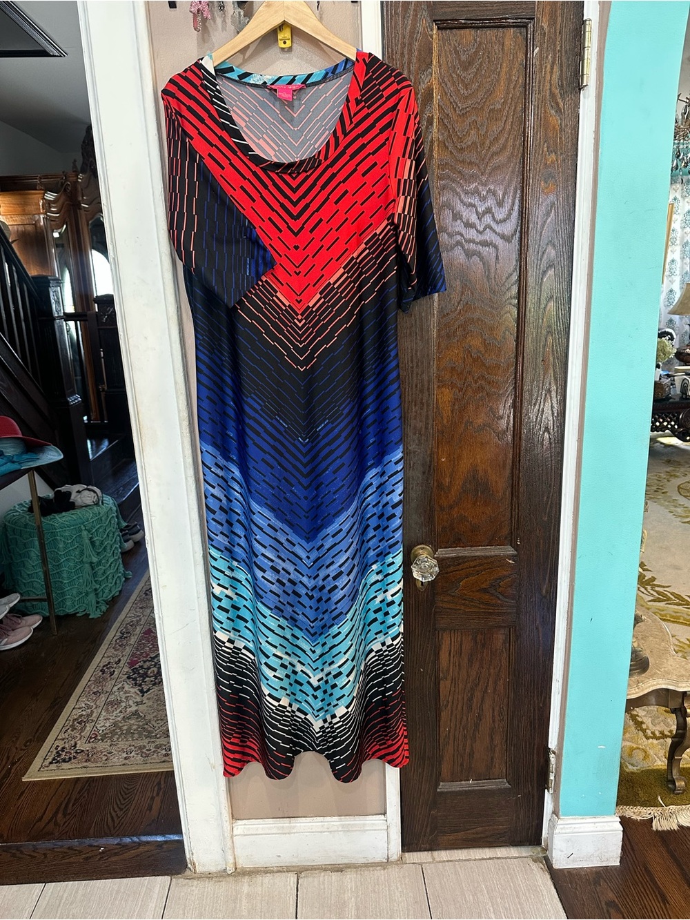 Sunny Leigh Chevron Gradient Maxi Dress in Red, Blue & Black